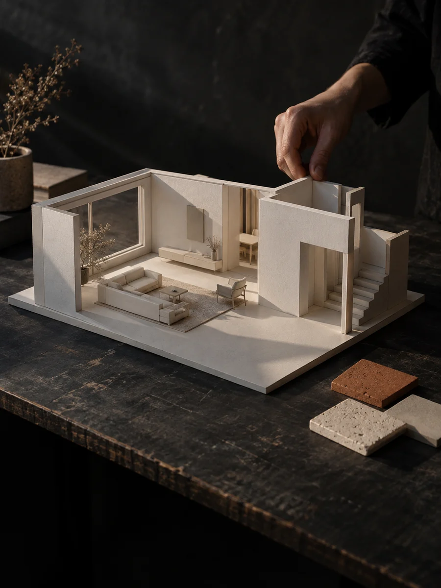 A designer develops a spatial concept using a detailed architectural model.